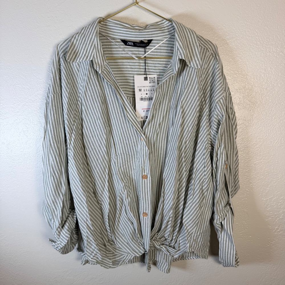 New Zara Women's M Striped Button Up Blouse Sage Green Coastal Boho Earthy